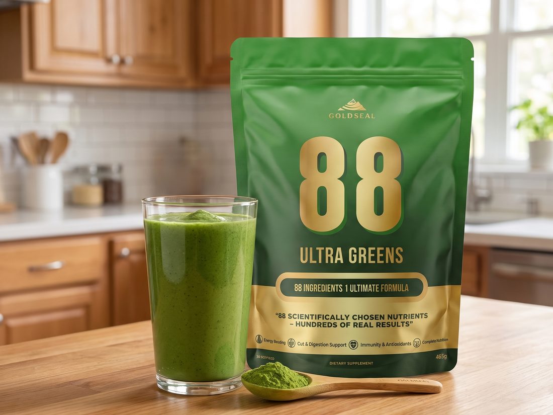 88 Ultra Greens mixed into a glass beside the pouch