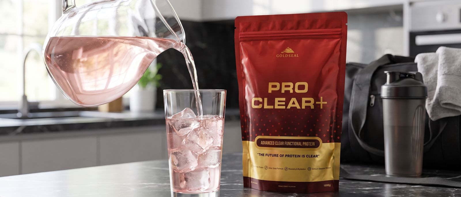 PRO-CLEAR+ being poured over ice beside a gym bag