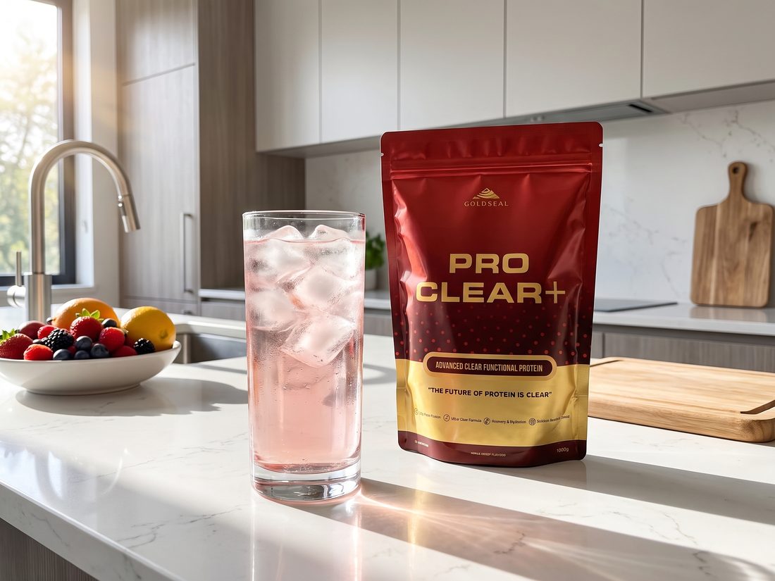 A clear, light PRO-CLEAR+ drink over ice