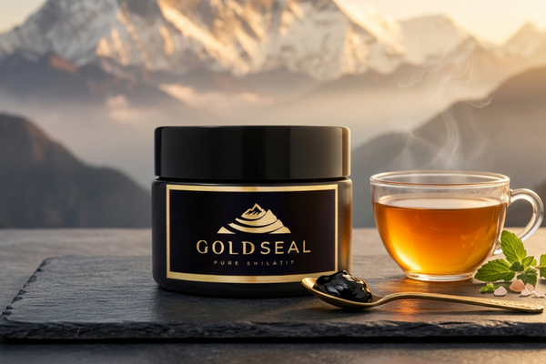 Gold Seal Shilajit resin jar with herbal tea and mountain backdrop