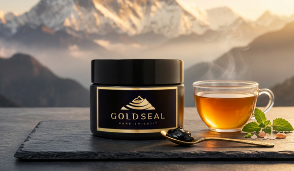 Gold Seal Shilajit resin jar with herbal tea and mountain backdrop