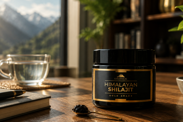 Goldseal Himalayan Shilajit Gold Jar on a wooden table with a spoon