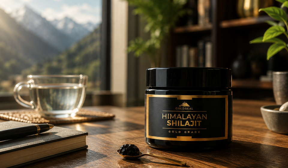 Goldseal Himalayan Shilajit Gold Jar on a wooden table with a spoon