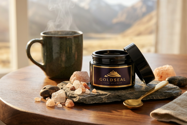 GoldSeal Pure Shilajit resin with warm herbal drink and serving spoon
