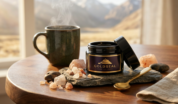 GoldSeal Pure Shilajit resin with warm herbal drink and serving spoon