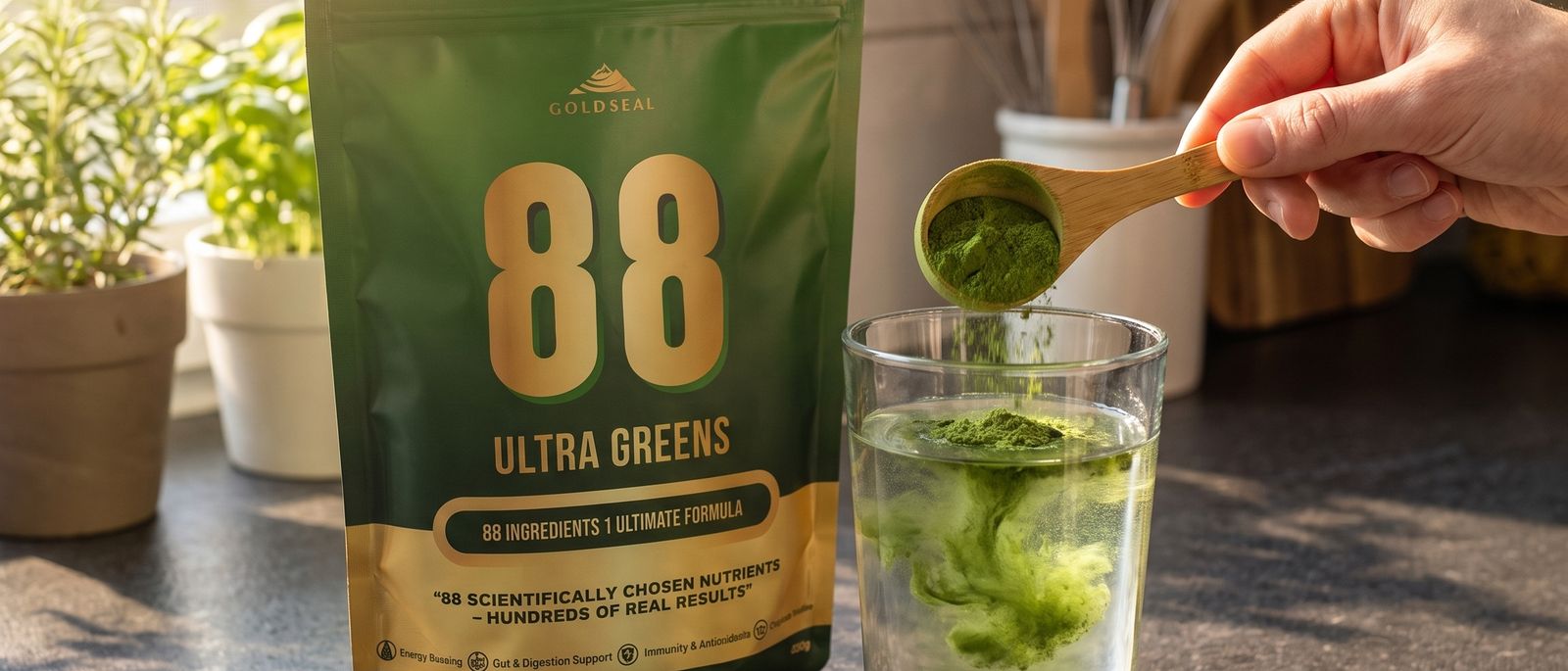 Scooping 88 Ultra Greens into a glass of water